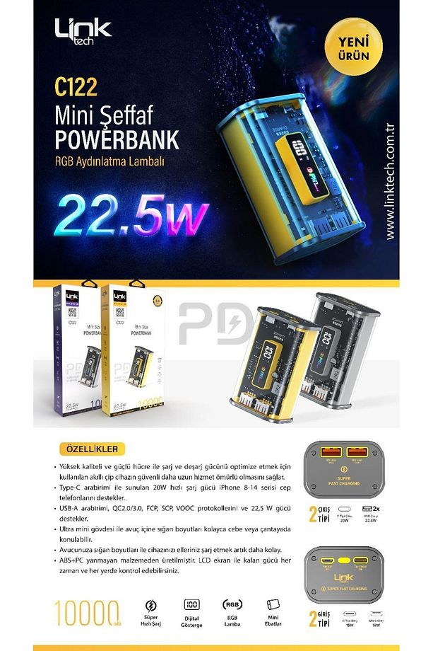 Link Tech C122 Strong 10000 Mah Pd 22.5w Şeffaf Powerbank Sarı - 5