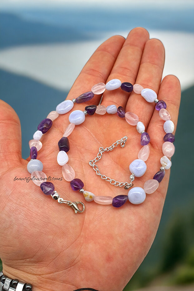 Amorphous Natural Stone Necklace Amethyst, Chalcedony, Pink Quartz AA Quality