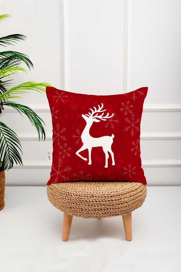 Menesa Home New Year Themed Deer Patterned Red Colored Digital Printed Throw Pillow Cover