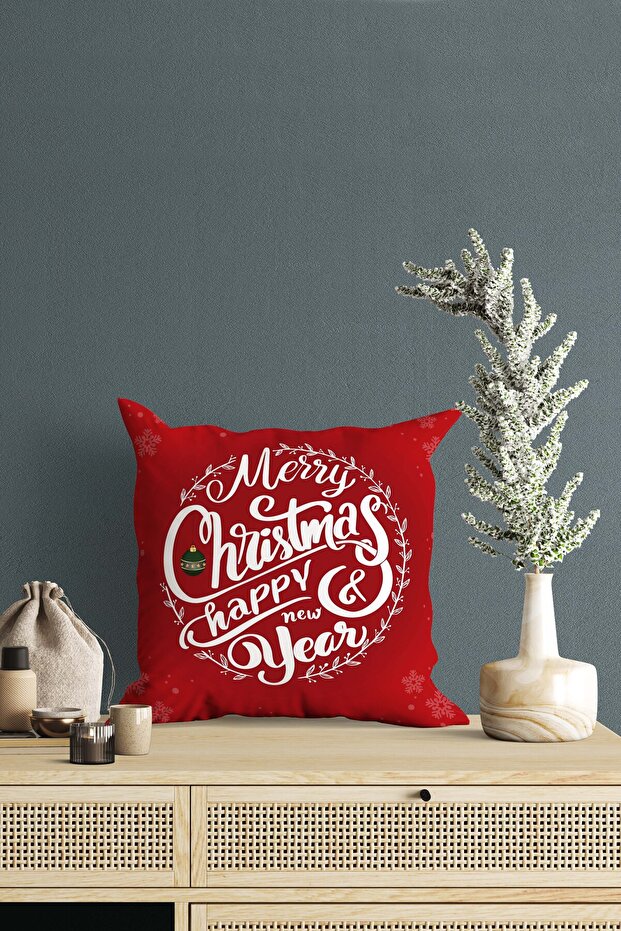 New Year's Themed MerryChristmas Written Red and White Patterned Digital Printed Throw Pillow Cover
