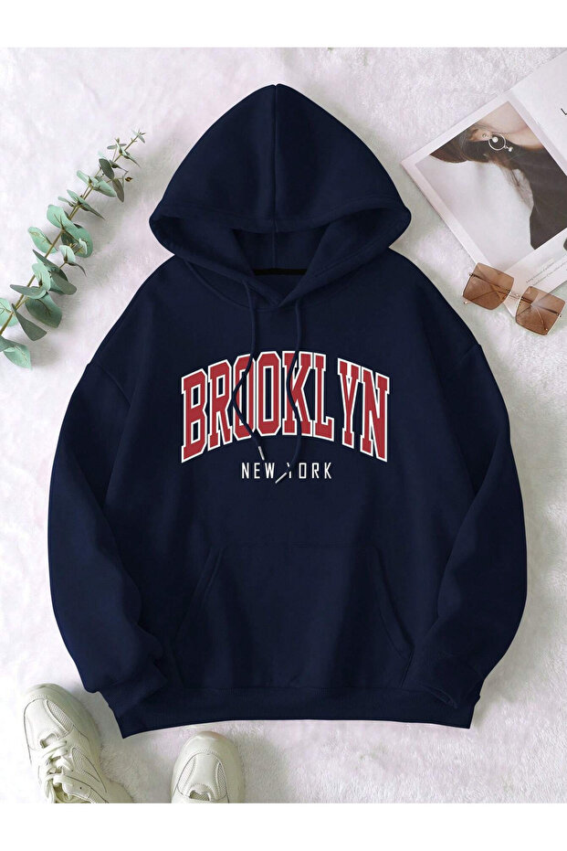 broklyn Printed navy blue Hooded Sweatshirt