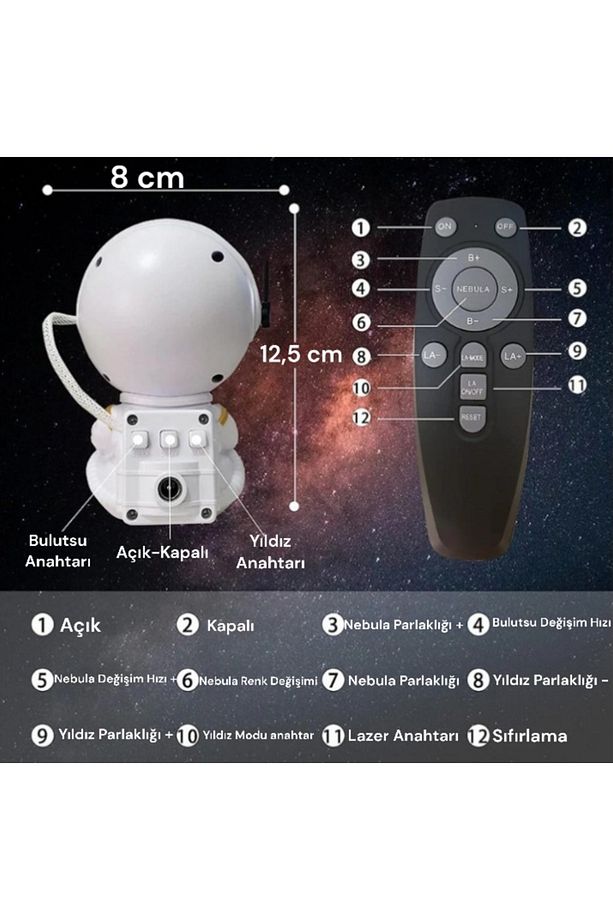 Mini Boy Astronot Projektör Gece Masa Lambası Galaxy Gökyüzü Nebula Projeksiyon Kumandalı Aydınlatma - 3