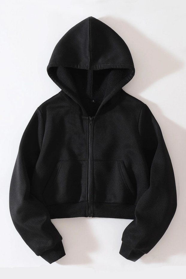 Women's Black Hooded Zippered Crop Cardigan