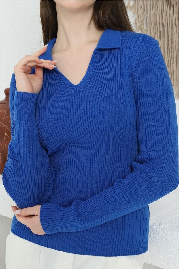Women's Cobalt Blue Polo V-Neck Knitwear Sweater