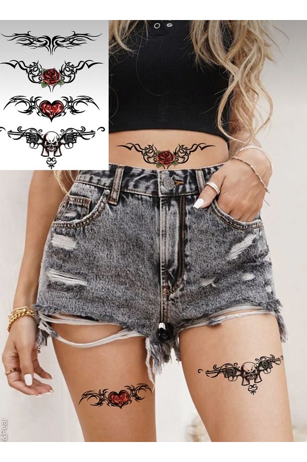 Unisex Kuru Kafa Kalp ve Gül Desen Geçici Dövme CD674 - 1