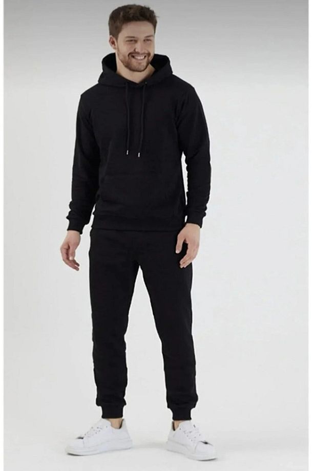 Kapüşonlu Siyah Eşofman Takımı Unisex Oversize 2 Iplik - 1