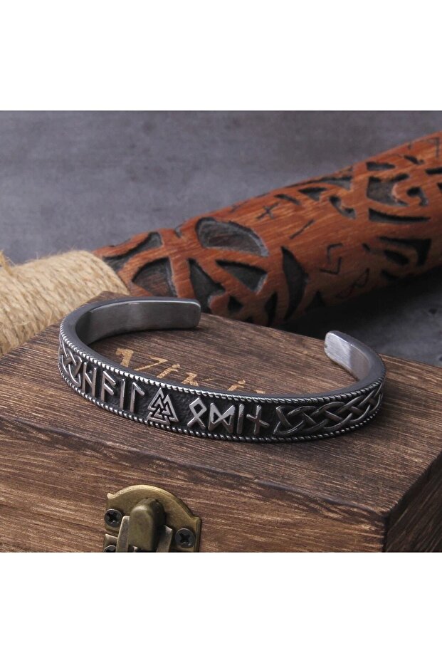 Thor Mjollnir Valknut Runic Inscription Scandinavian Motif Handcuff Open Men's 316l Steel Bracelet