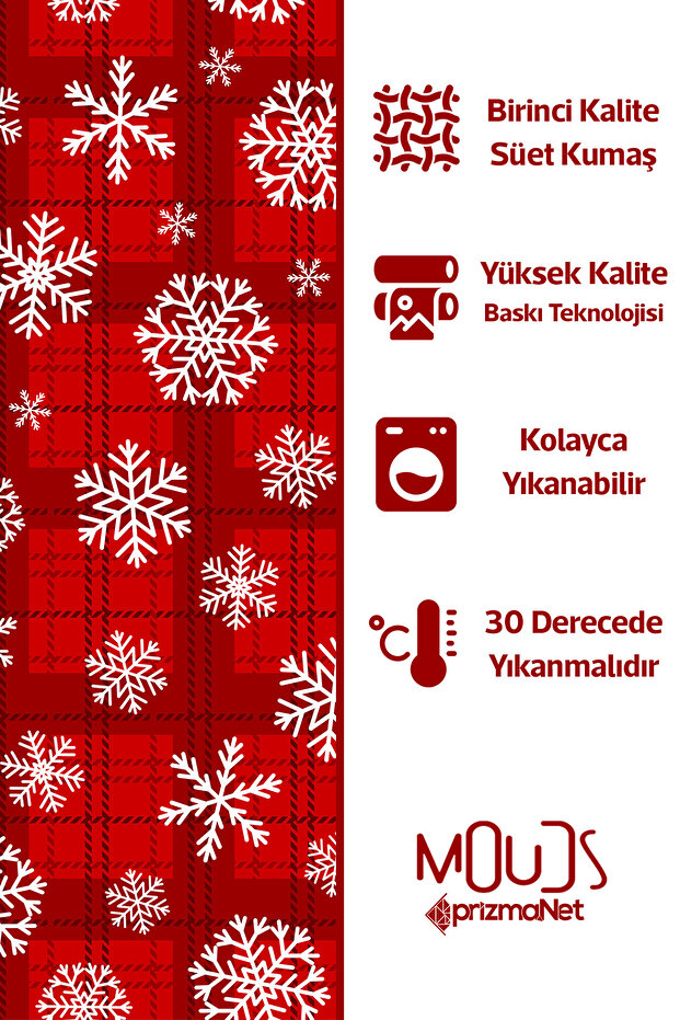Kareli Kar Taneleri Yılbaşı Desenli Yuvarlak Süet Dertsiz Masa Örtüsü - 3