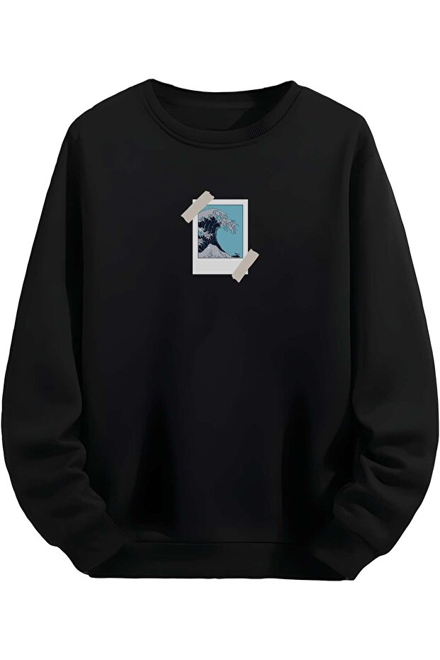 Kanagawa Ninetys Great Wave Patterned Black Unisex Sweatshirt