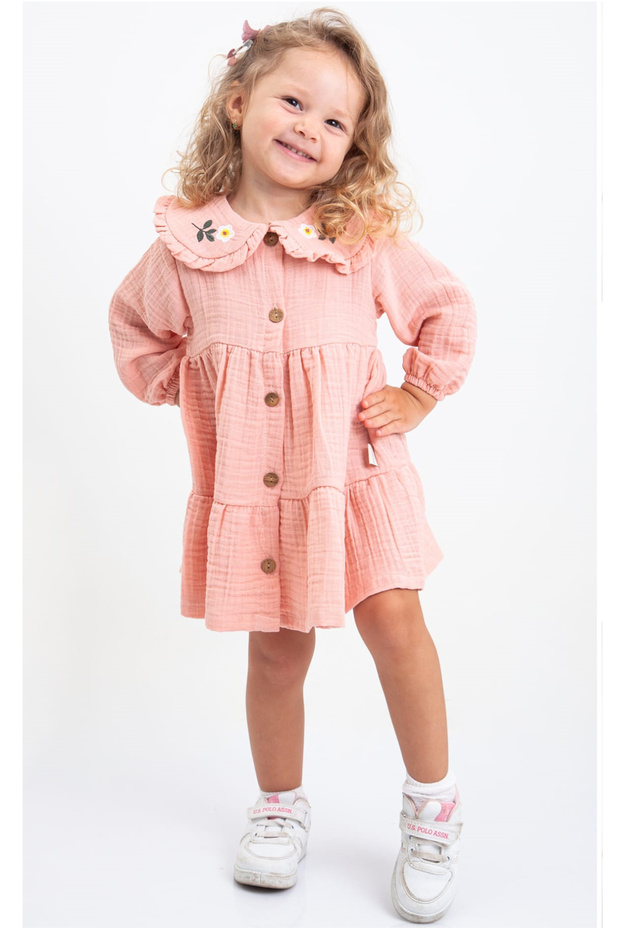 Baby Girl Children's Dress 100% Cotton Muslin Fabric Long Sleeve with Floral Embroidery Button Detail on the Collar