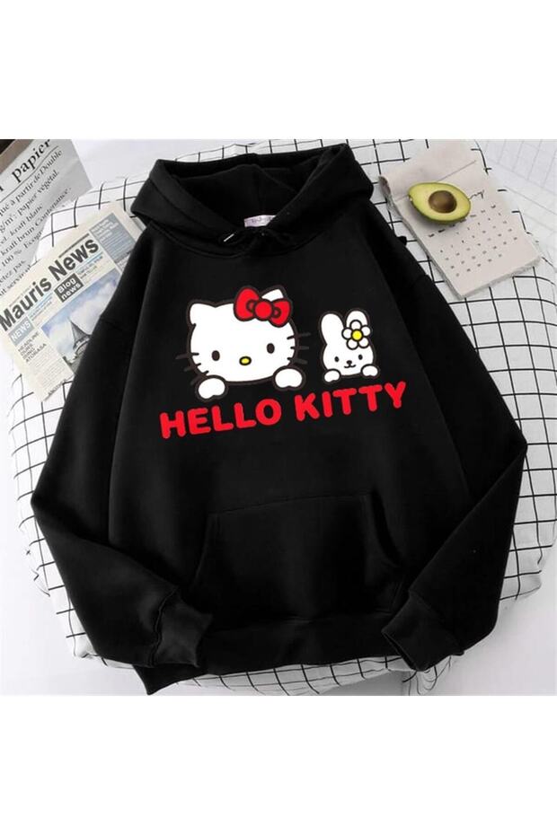 Hello Kitty Siyah Kapüşonlu Sweatshirt - 2