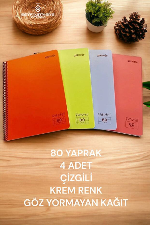 A4 80 Sheets Lined Ringed Notebook - Plastic Cover, Eye-Free Cream Color, 4 Pieces