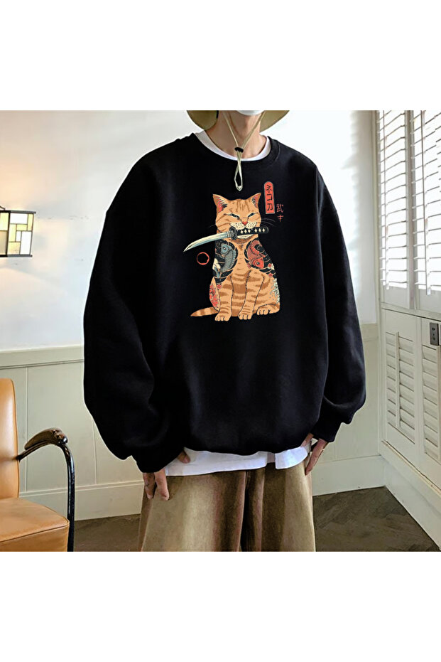 سترة LAGOM MODA Harajuku Ninaja Cat مطبوعة باللون الأسود للجنسين برقبة دائرية كبيرة الحجم