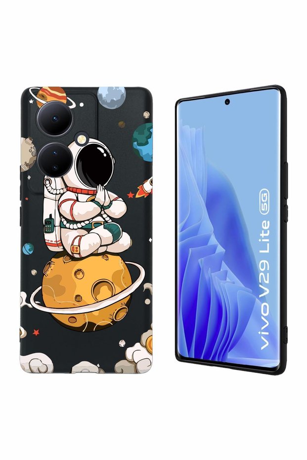 V29 Lite 5g Compatible Printed and Camera Protected Black Color Silicone Case