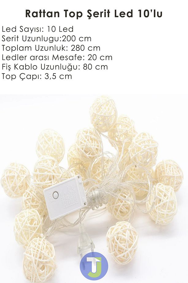 Dekoratif Rattan Model Fişli Şerit Top Led Yılbaşı Parti Doğum Günü Süsleme (10'lu) - 5