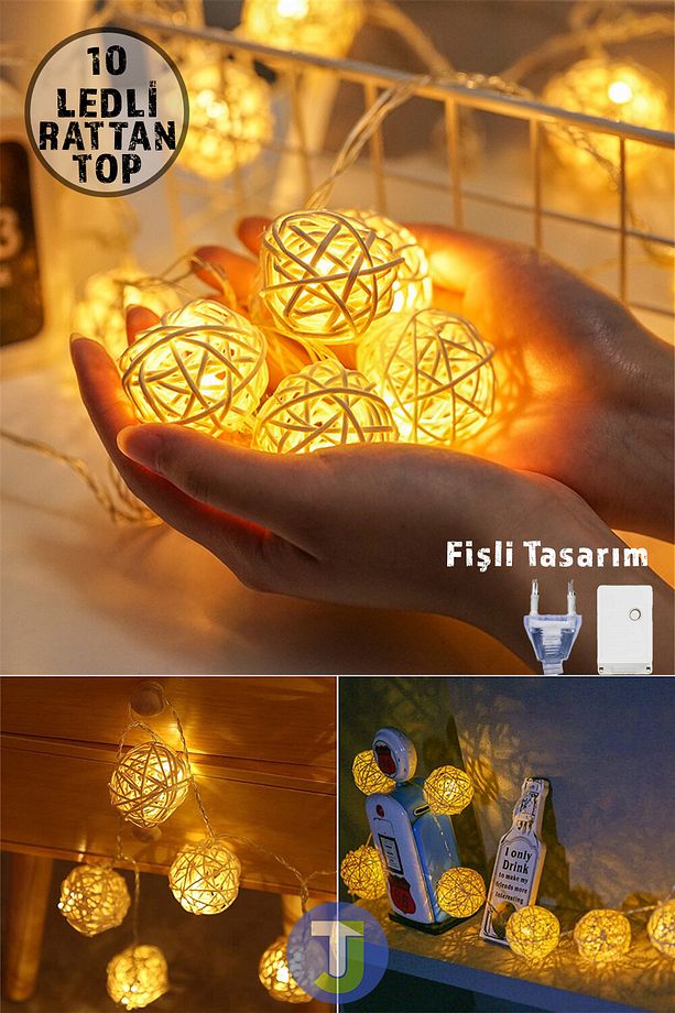 Dekoratif Rattan Model Fişli Şerit Top Led Yılbaşı Parti Doğum Günü Süsleme (10'lu) - 2