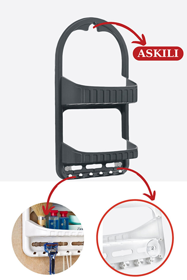 2 Raflı Şampuanlık, Duşa Asılabilir Vantuzlu Banyo Şampuan Sabun Kozmetik Düzenleyici - 3