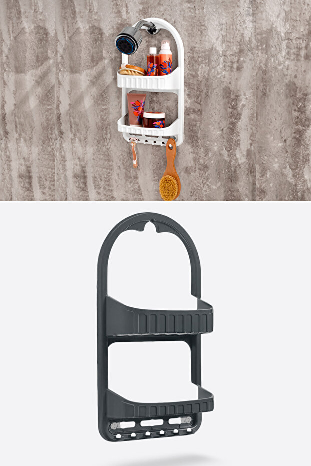 2 Raflı Şampuanlık, Duşa Asılabilir Vantuzlu Banyo Şampuan Sabun Kozmetik Düzenleyici - 1