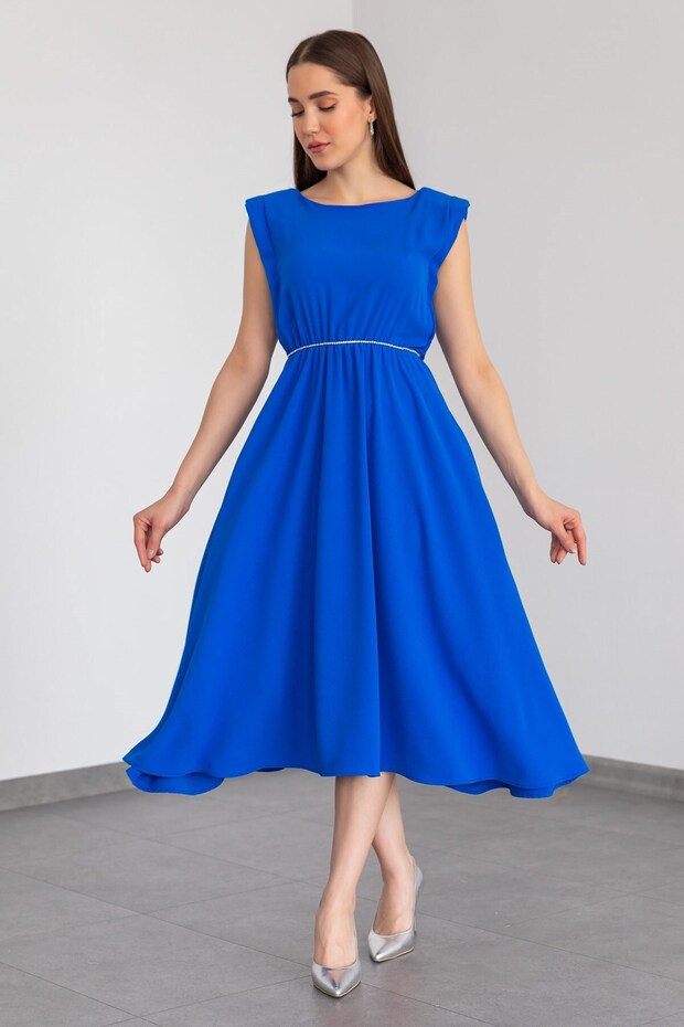 Women's Design Waist Rubber Detailed Shoulder Padded Flared Cut Blue Midi Length Dress 083