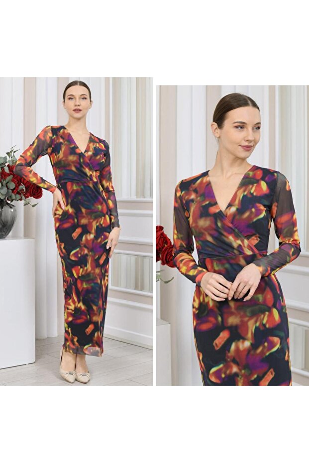 V-Neck Lycra Printed Tulle Dress
