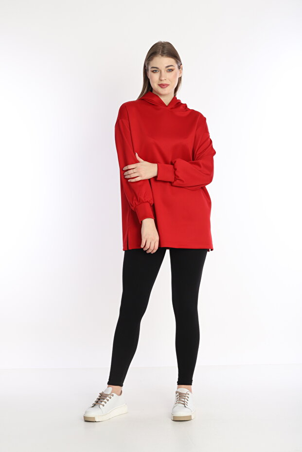 Women's Red Scuba Fabric Hooded Comfortable Fit Sweat Tunic - Nd 2355