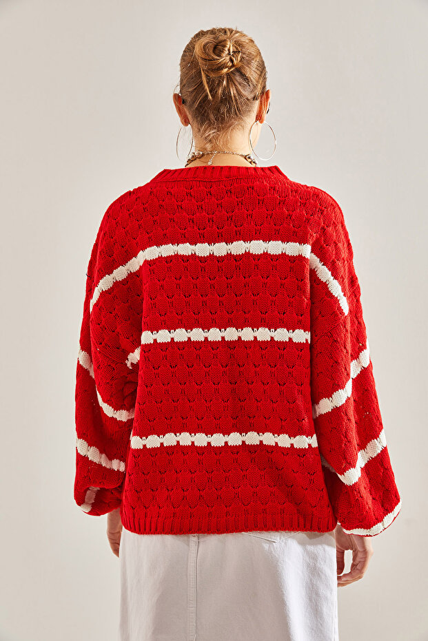 Damski sweter z dzianiny o strukturze plastra miodu w paski, z balonionymi rękawami - 3