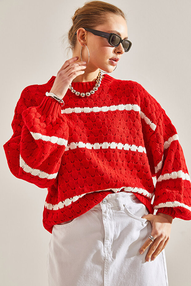 Damski sweter z dzianiny o strukturze plastra miodu w paski, z balonionymi rękawami - 5