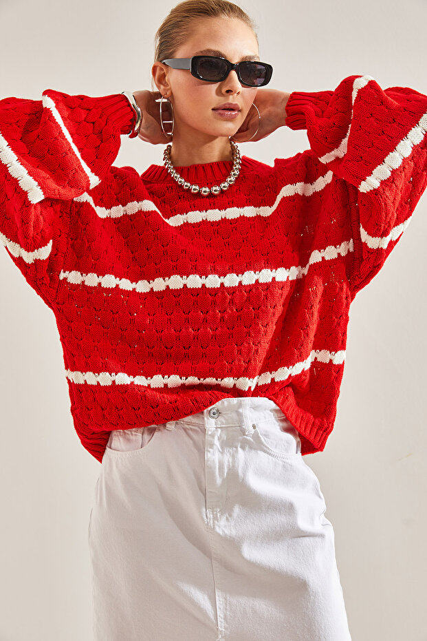 Damski sweter z dzianiny o strukturze plastra miodu w paski, z balonionymi rękawami - 2