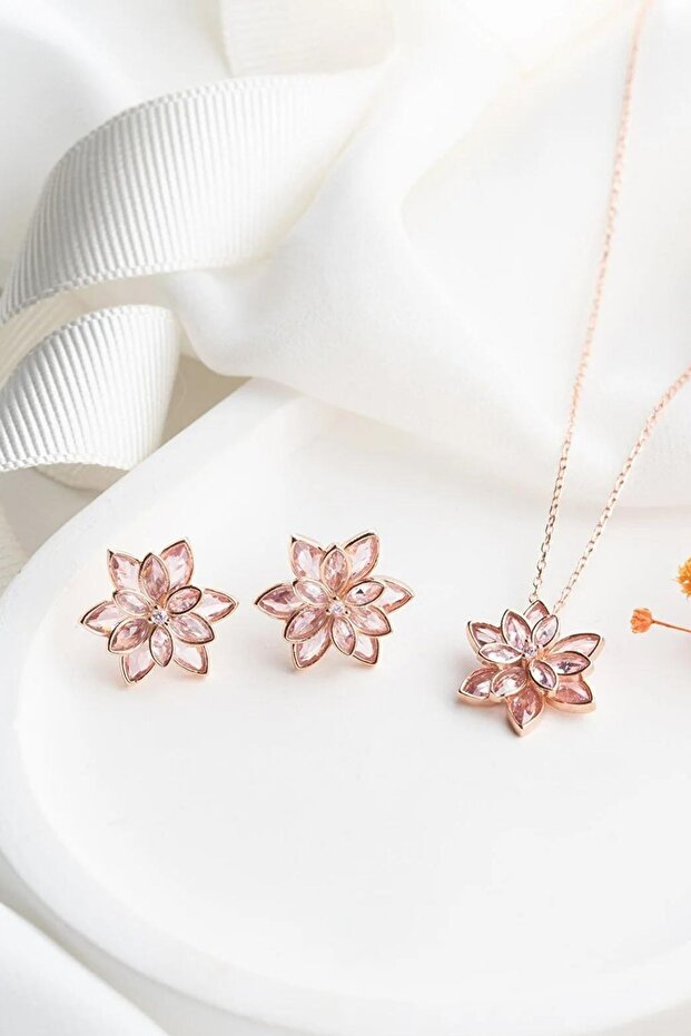 925 Ayar Lotus Çiçeği Gümüş Kolye Küpe Set - 1