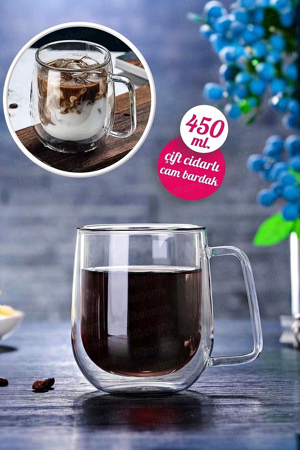 2'li Çift Cidarlı Cam Kupa Bardak 450 ml Ev Ofis Fincanı Çift Katlı Isı Yalıtımlı Kulplu Cam Bardak - 3