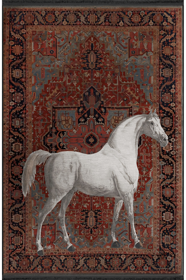 Dark Tone Motif Beige Noble Horse Patterned Creative Modern Decorative Carpet 2531