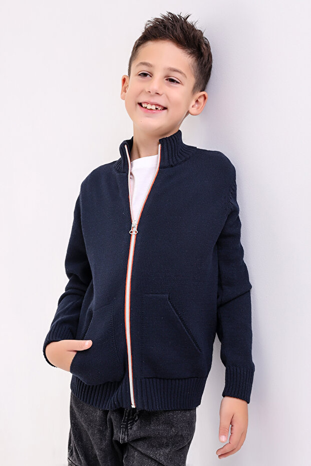 BRUSEL BOY'S ORANJ ZIPPERED NAVY BLUE POCKET Knitwear Cardigan