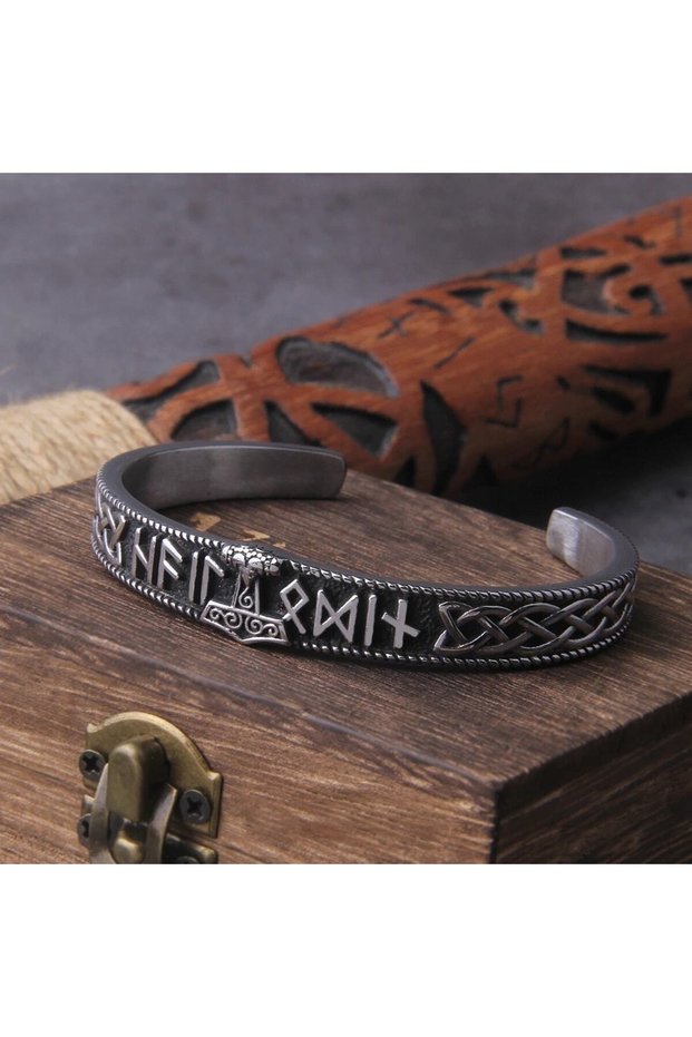 Thor Mjollnir Valknut Runic Inscription Scandinavian Motif Handcuff Open Men's 316l Steel Bracelet
