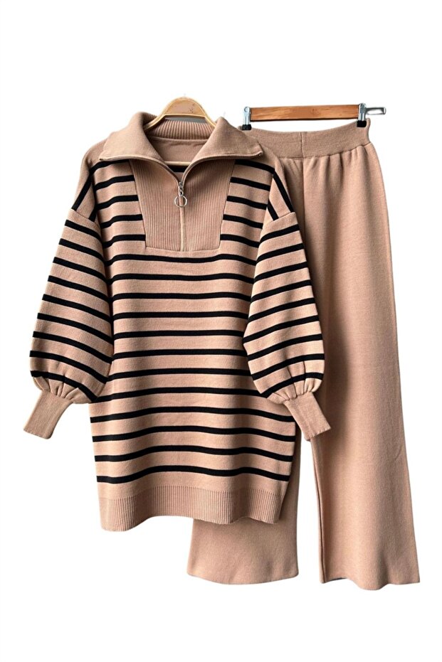 Striped Zipped Knitwear Set
