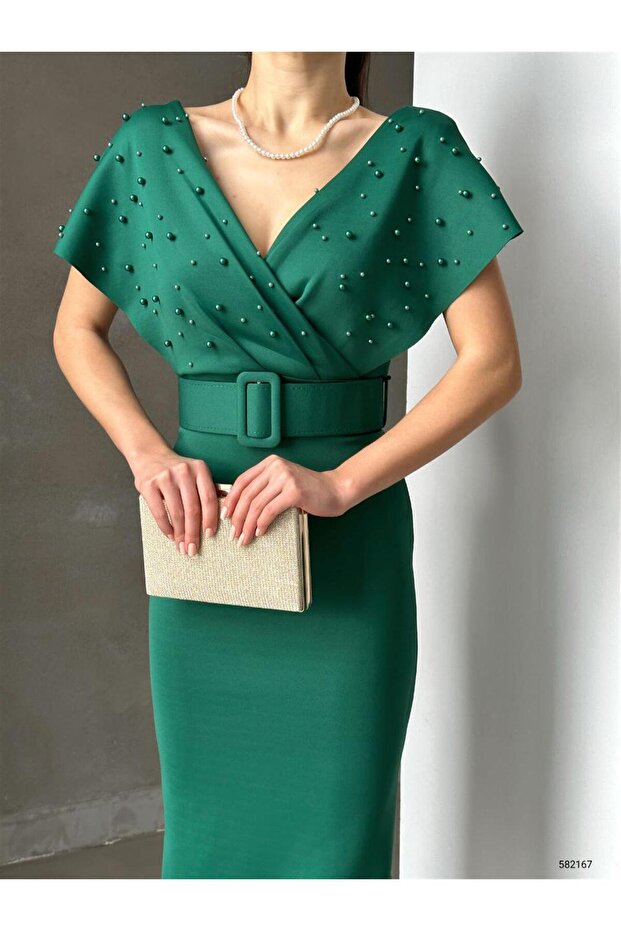 Yeşil Incili Kruvaze Midi Boy Kemerli Elbise, Abiye Elbise, Mezuniyet Elbisesi, - 4