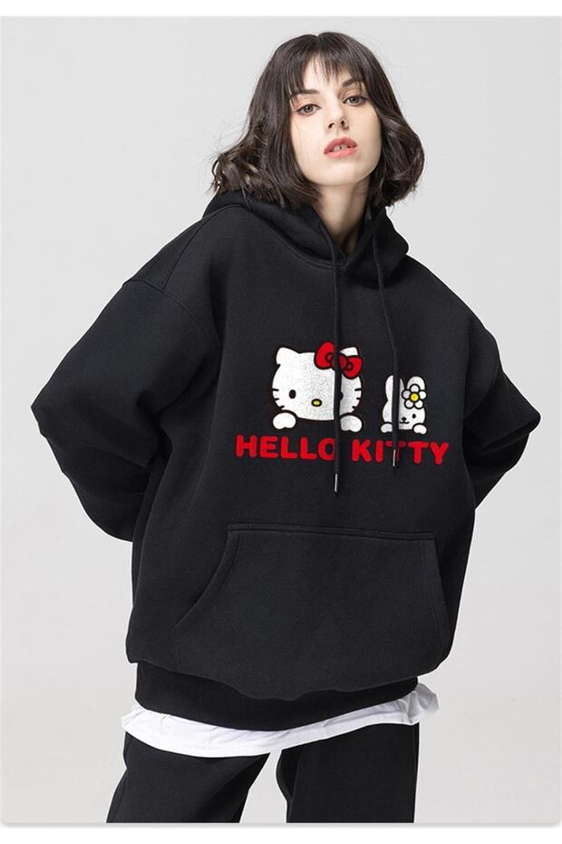 Hello Kitty Siyah Kapüşonlu Sweatshirt - 1