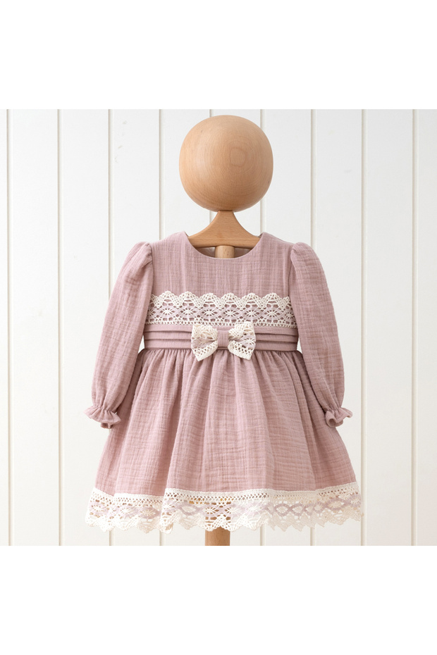 Long Sleeve Dusty Rose Baby Girl Dress with Lace Detail and Bow Decoration