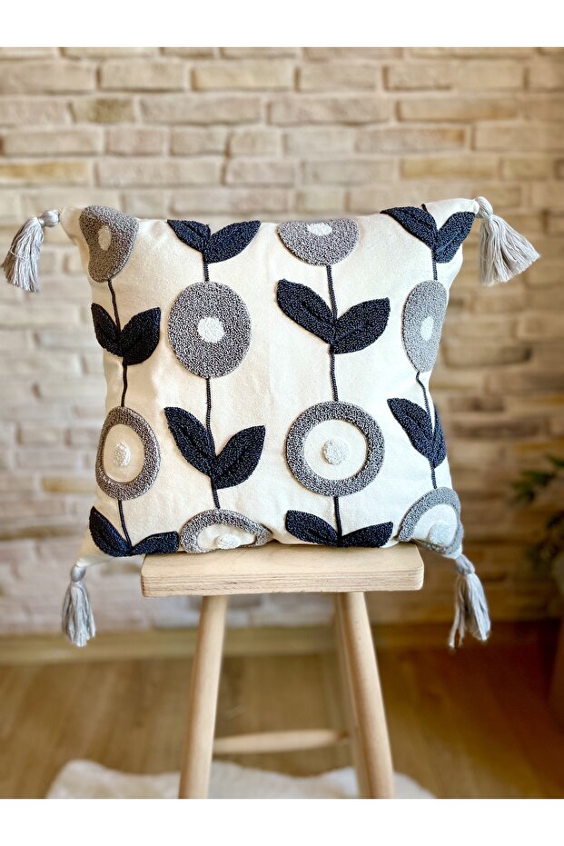 Punch Embroidered Single Decorative Special Design Gray Throw Pillow Cover (panch)