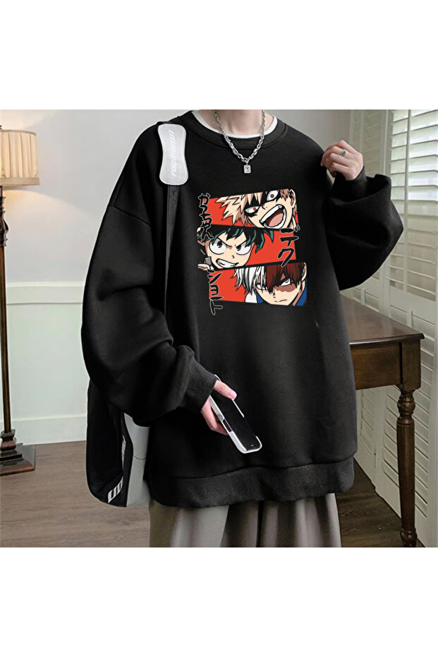 Anime Harajuku My Hero Academia Printed Black Unisex Oversize Crewneck Sweatshirt