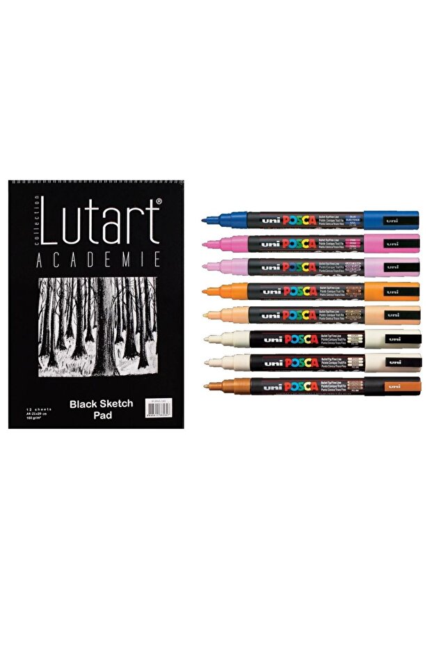 UNI POSCA 8-PIECE PASTEL COLORS SET AND LUTART 160 GR A4 BLACK PICTURE BOOK
