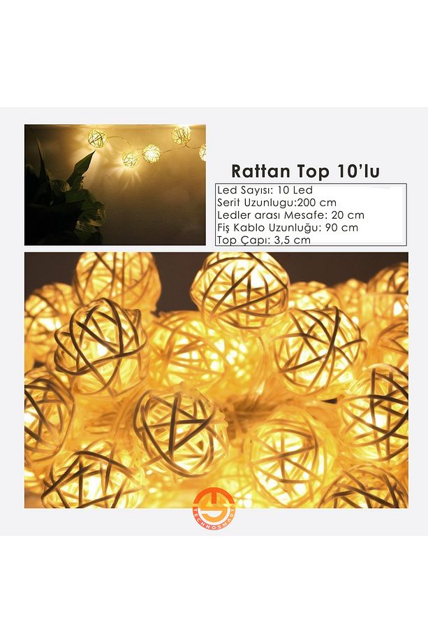 Dekoratif 10'lu Rattan Model Fişli Şerit Led Süsleme - 6