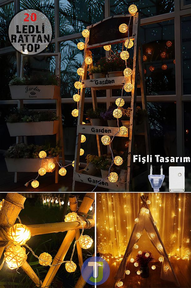 Dekoratif Rattan Model Fişli Şerit Top Led Yılbaşı Parti Doğum Günü Süsleme (20'li) - 1