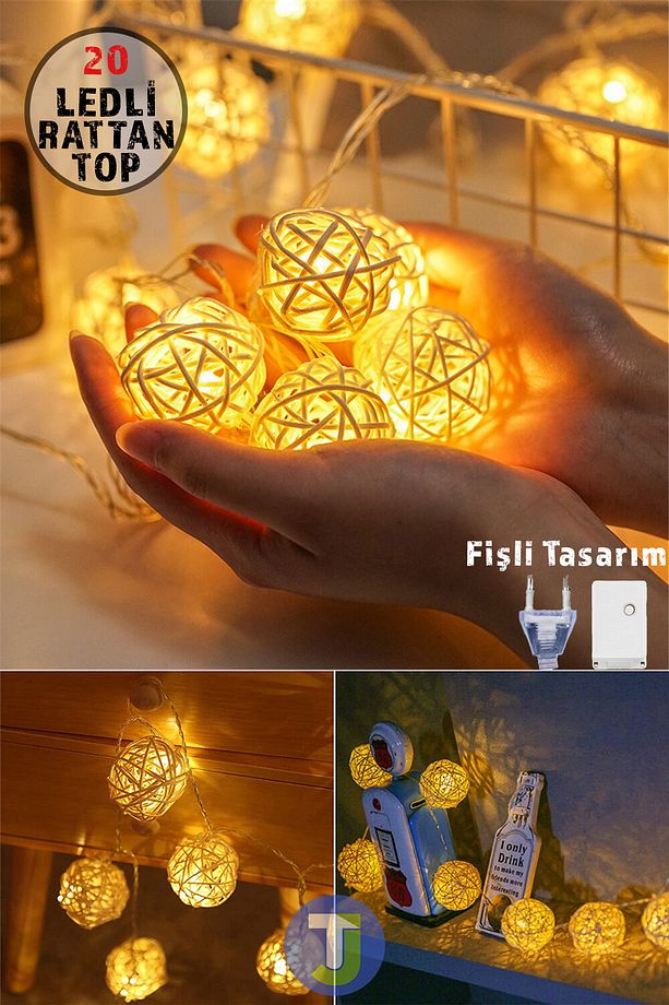 Dekoratif Rattan Model Fişli Şerit Top Led Yılbaşı Parti Doğum Günü Süsleme (20'li) - 2