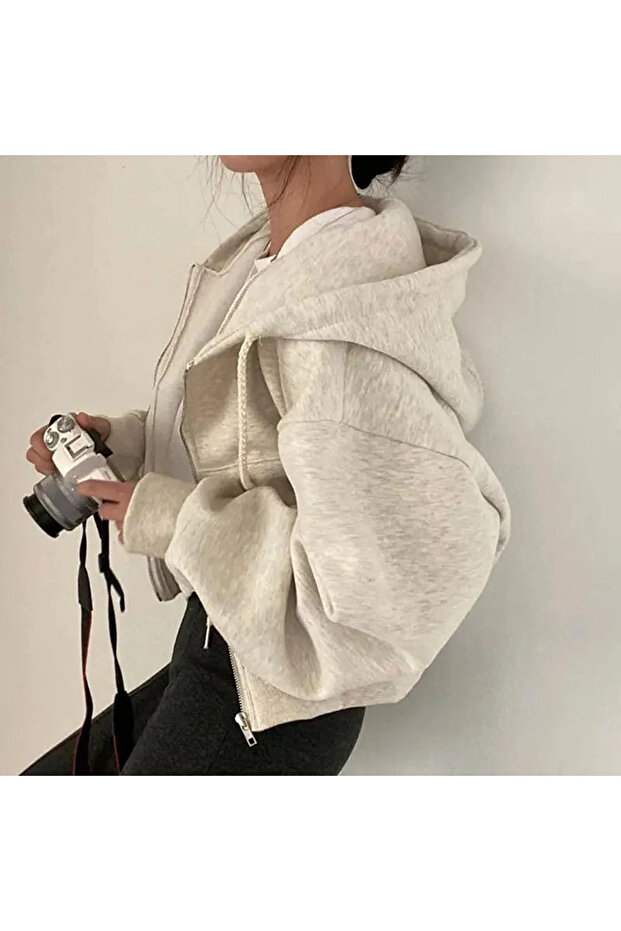 Harajuku Street Crop Model Zipped Hooded Thick Fabric Short Sweatshirt
