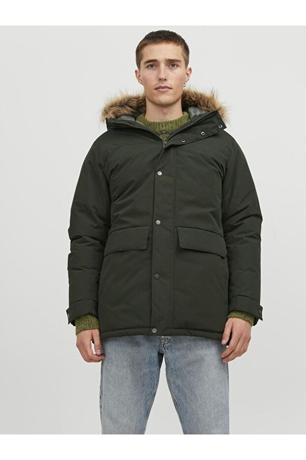 Men's Hooded Long Coat Khaki Parka 12236096
