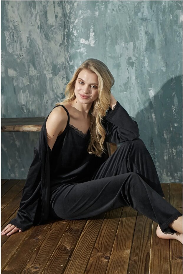 Women's Pajama Set Soft Janjan Velvet Lace Robe 3-Piece Set