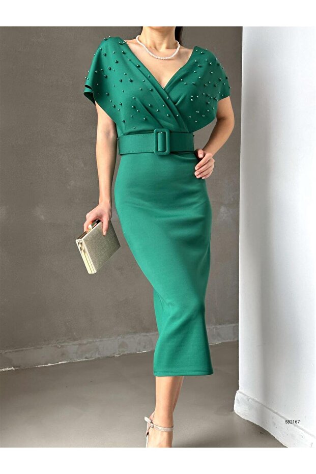 Yeşil Incili Kruvaze Midi Boy Kemerli Elbise, Abiye Elbise, Mezuniyet Elbisesi, - 3