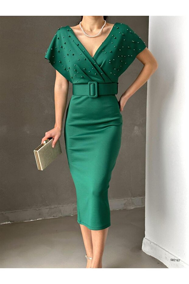 Yeşil Incili Kruvaze Midi Boy Kemerli Elbise, Abiye Elbise, Mezuniyet Elbisesi, - 1