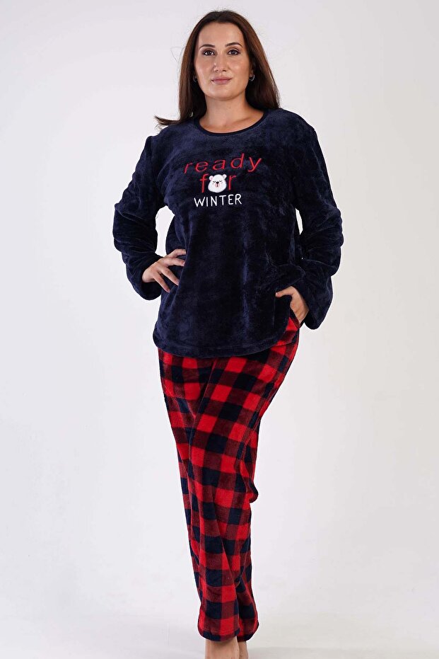 Women's Long Sleeve Large Size Welsoft Navy Blue Pajamas Set 3C0T4N0O83