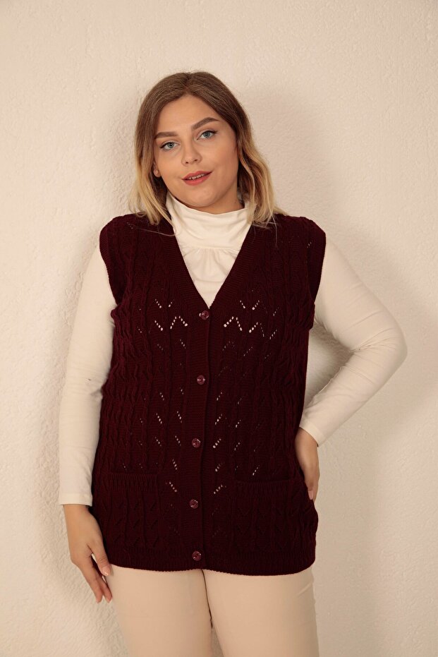 Women's V-Neck Winter Thick Wool Chain Modeled Knitwear Buttoned Pocket Mother Vest